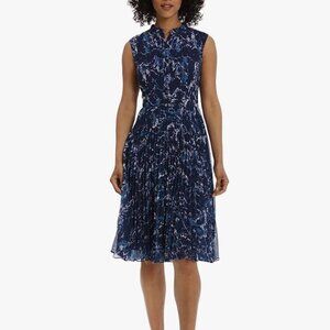 Maggy London Abstract Print Pleated Midi Dress  | Size 8 | Blue